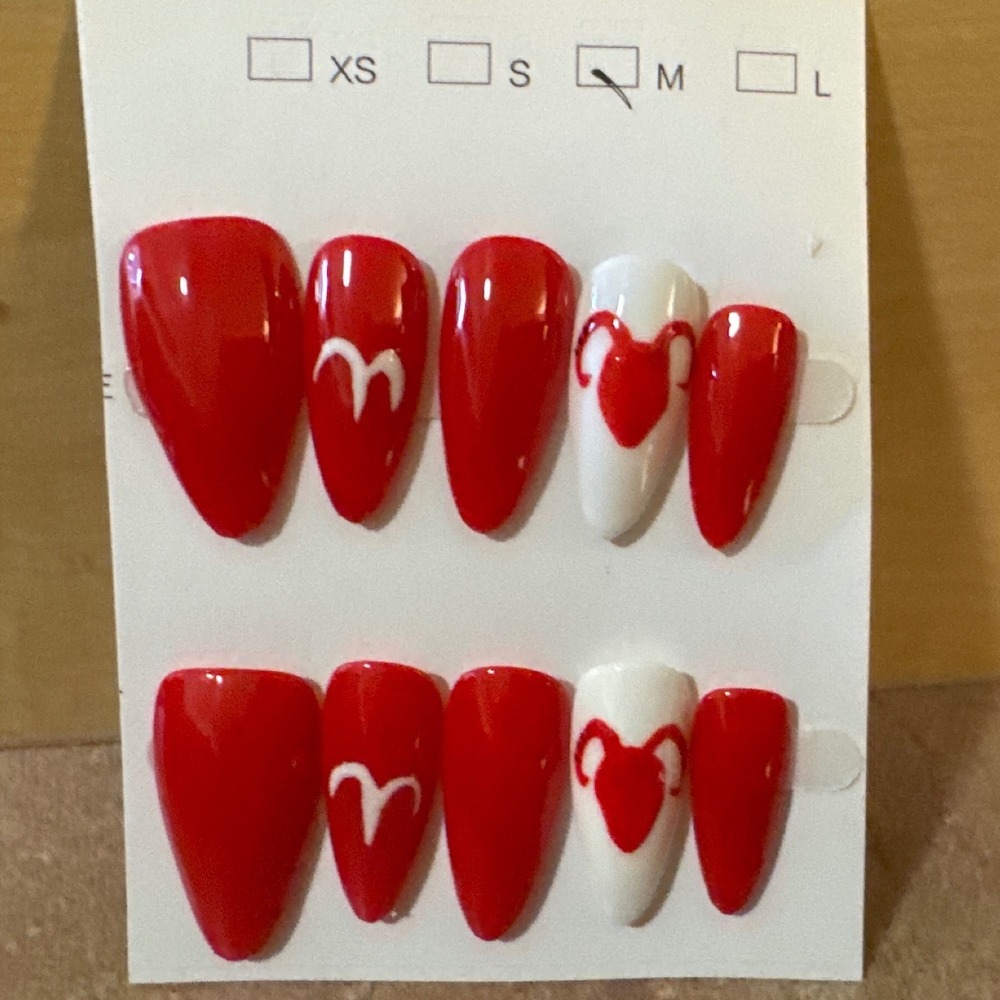 Aries Zodiac Press On Nails‎ Red White Almond Shape Size M Astrology Manicure
